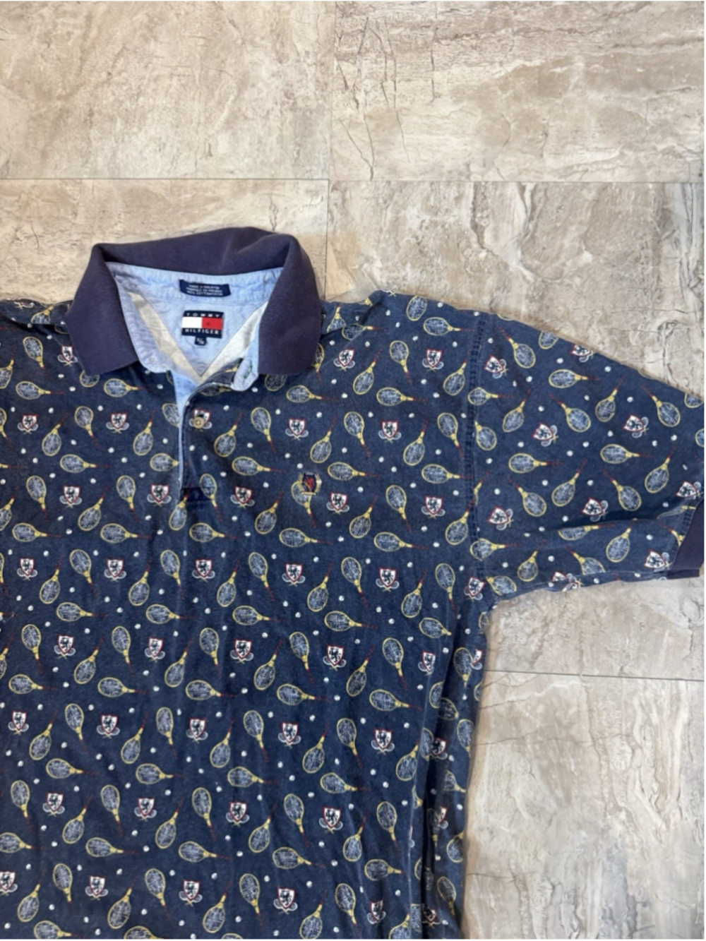 VTG 90’s Tommy Hilfiger Tennis Retro Graphic Print Tennis Racket cotton polo XL